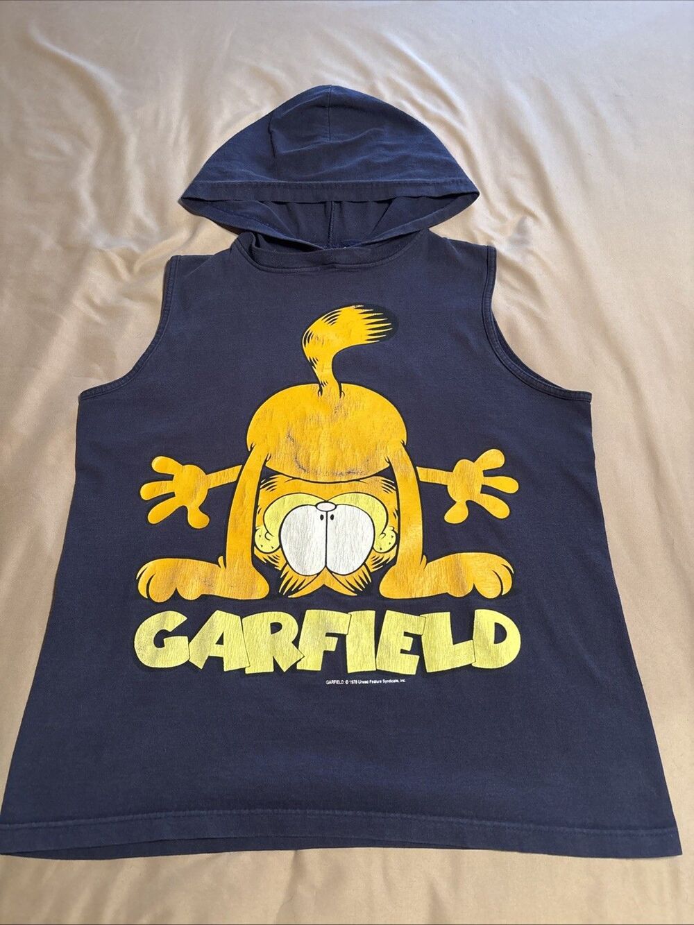 Vtg Jim Davis Upside Down Garfield Cat Hooded 2-Sided T-Shirt Ross Int'l USA
